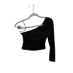 Love Tree Black One Shoulder Long Sleeve Crop Top Blouse Small